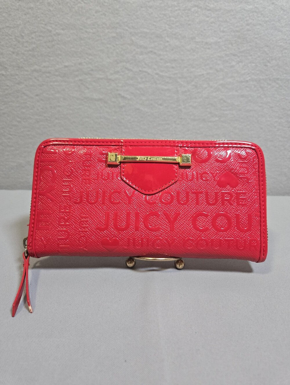 Juicy Couture Bold Red Logo Zip Wallet With Gold Hardware